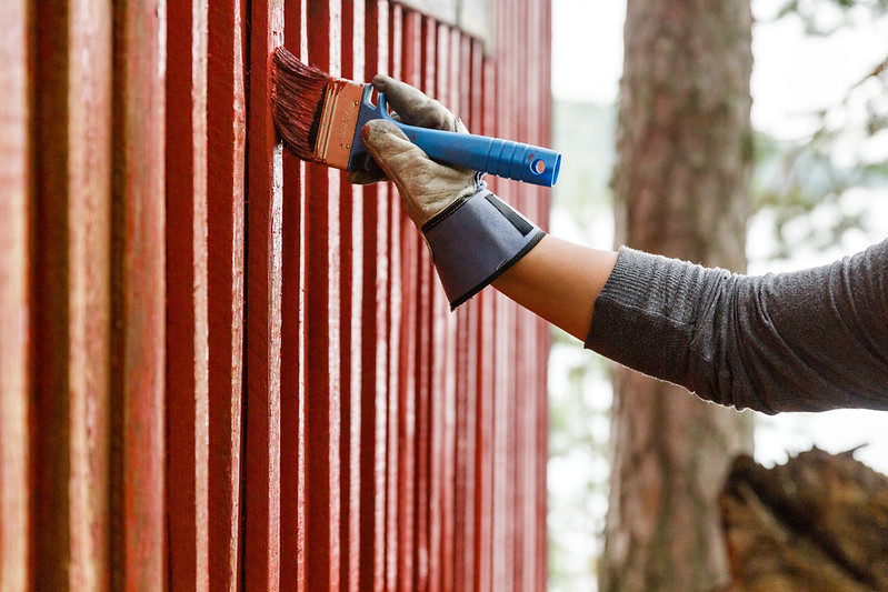 Punaisen puuseinän maalausta, maalarilla kädessään työhanska ja maalisuti